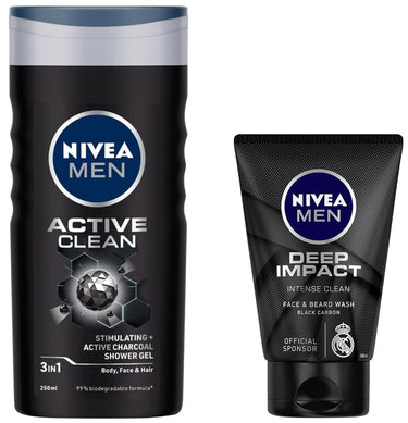 NIVEA Men Shower Gel, Active Clean Body Wash, Men, 250ml And NIVEA Men Face Wash, Deep Impact Intense Clean, 100g